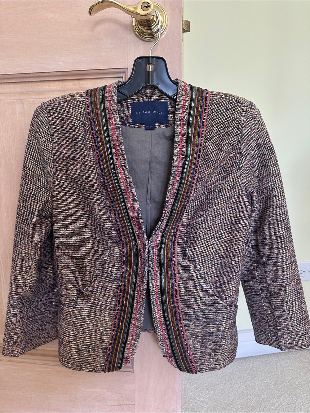 Of Two Minds Multicolor Tweed Open Front Blazer with Striped Trim